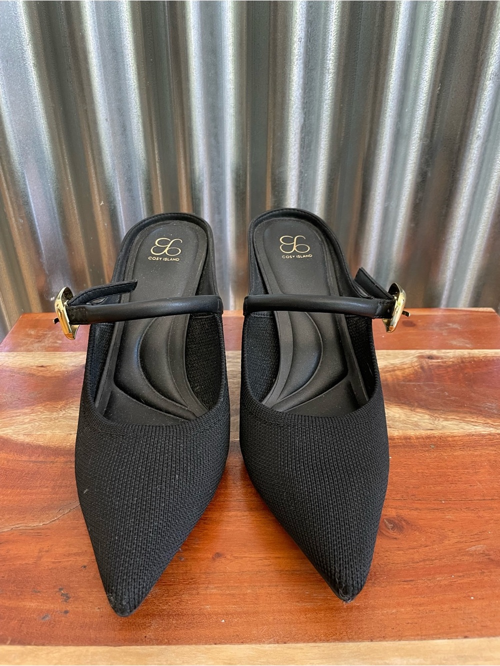 Cost Island Grace Lithe Comfortable Black Pointed Mules with Gold Buckle - Women - Picture 2 of 5